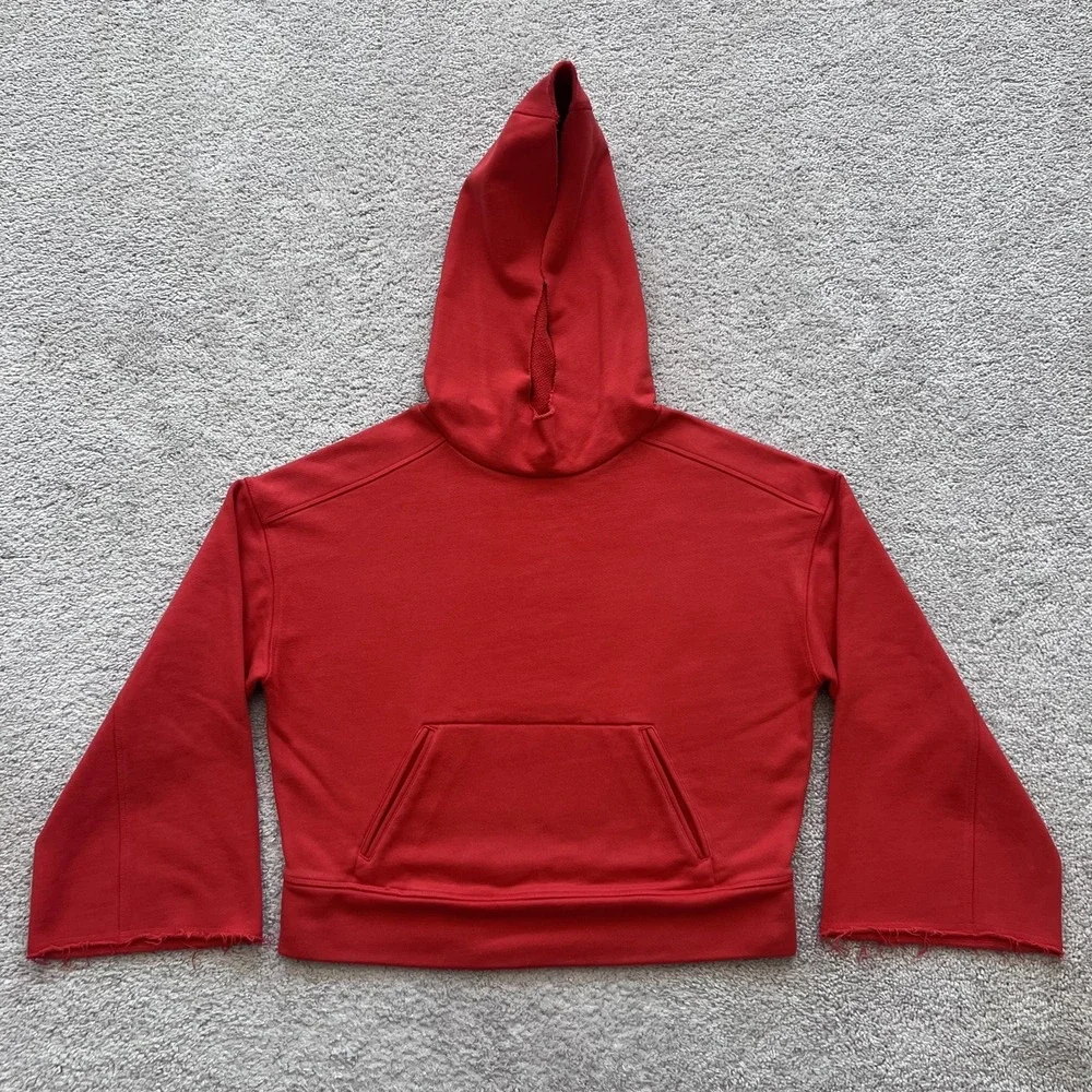 Alo Yoga Cropped Hoodie Sweatshirt Womens XS Red Terry Raw Hem 3/4 Sleeve
